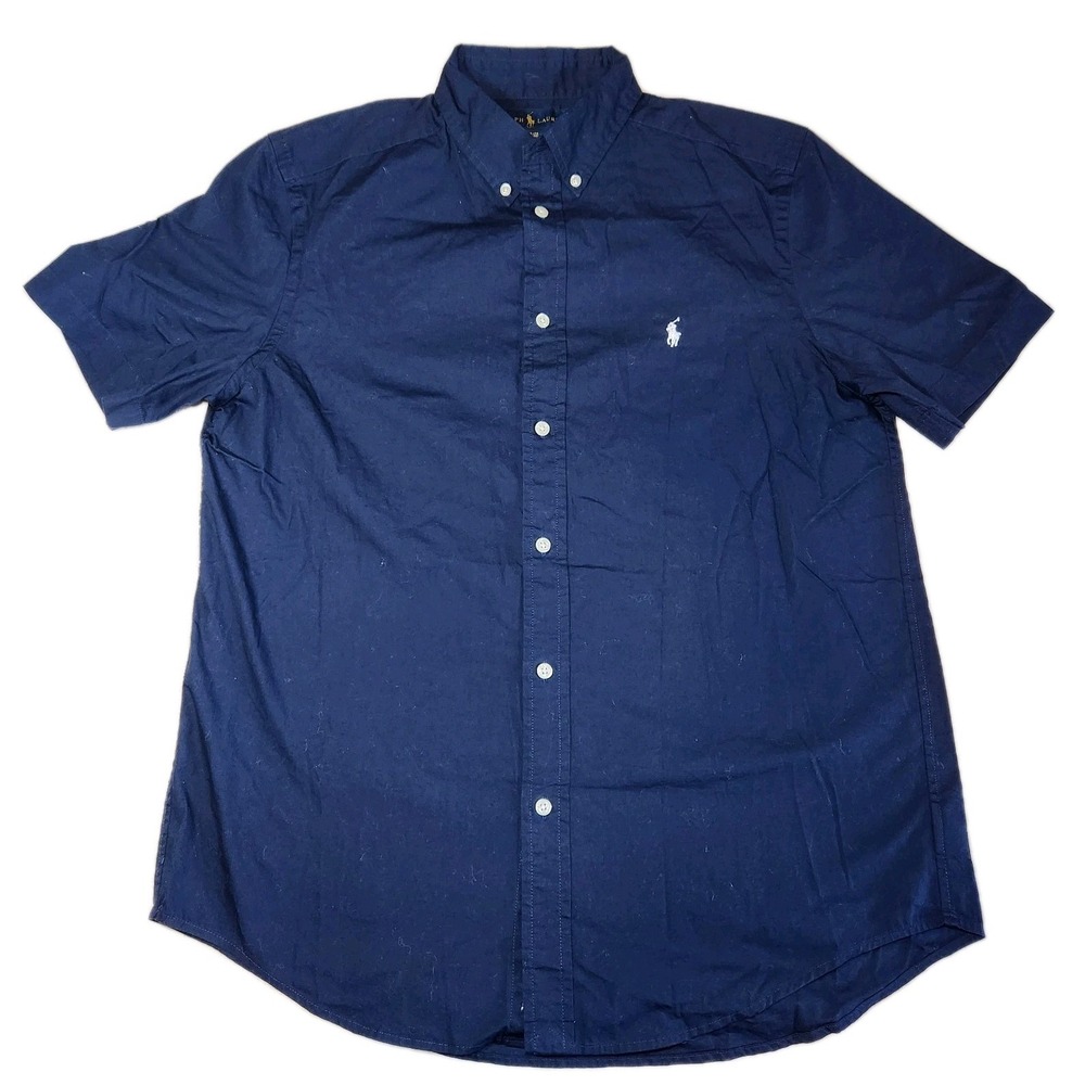 RALPH LAUREN Button Down Shirt Boys XL 18-20 Blue Cotton Short Sleeve White Pony